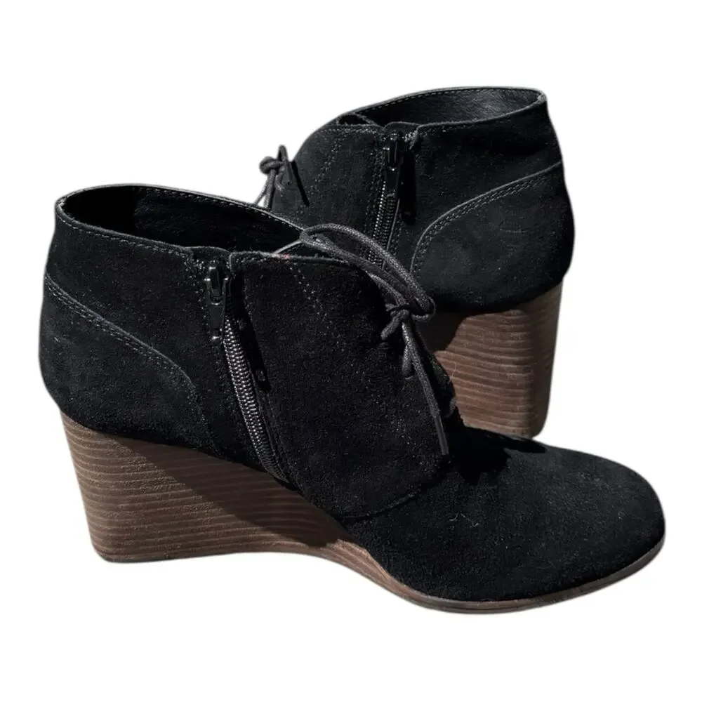 Lucky Brand Shylow Black Wedge Booties Size 10M Laces Zipper Leather Shoes Suede